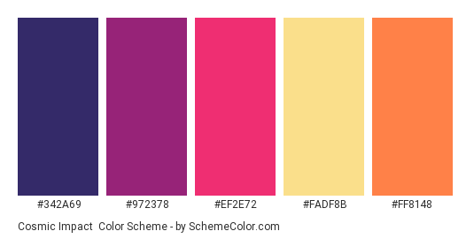 Cosmic Impact - Color scheme palette thumbnail - #342A69 #972378 #EF2E72 #FADF8B #FF8148 