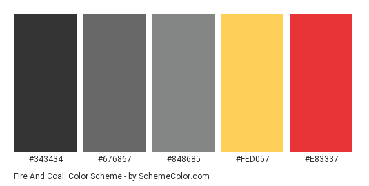 Fire and Coal - Color scheme palette thumbnail - #343434 #676867 #848685 #fed057 #e83337 