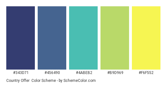 Country Offer - Color scheme palette thumbnail - #343D71 #456490 #4ABEB2 #B9D969 #F6F552 