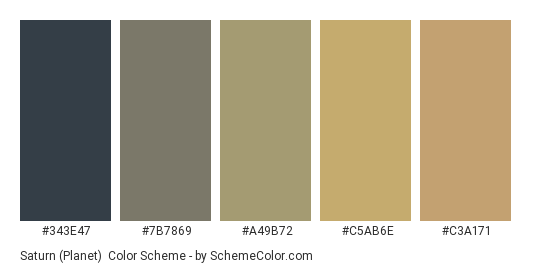 Saturn (Planet) - Color scheme palette thumbnail - #343E47 #7B7869 #A49B72 #C5AB6E #C3A171 