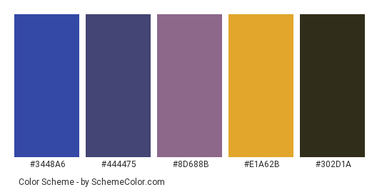 Lake Sunset - Color scheme palette thumbnail - #3448a6 #444475 #8d688b #e1a62b #302d1a 