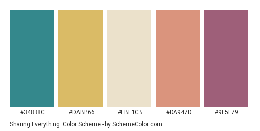 Sharing Everything - Color scheme palette thumbnail - #34888C #DABB66 #EBE1CB #DA947D #9E5F79 