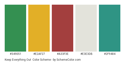 Keep Everything Out - Color scheme palette thumbnail - #349051 #e2af27 #a33f3e #e3e3db #2f9484 