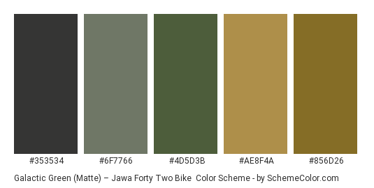 Galactic Green (Matte) – Jawa Forty Two Bike - Color scheme palette thumbnail - #353534 #6F7766 #4D5D3B #AE8F4A #856D26 