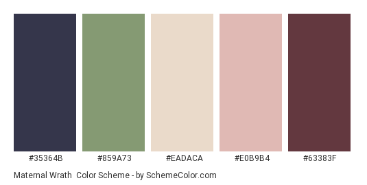 Maternal Wrath - Color scheme palette thumbnail - #35364B #859A73 #EADACA #E0B9B4 #63383F 
