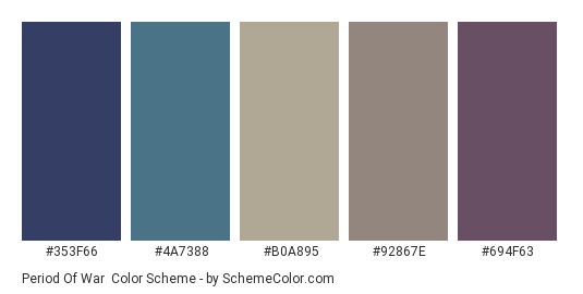 Period of War - Color scheme palette thumbnail - #353f66 #4a7388 #b0a895 #92867e #694f63 