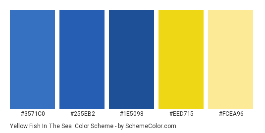 Yellow Fish In The Sea - Color scheme palette thumbnail - #3571c0 #255eb2 #1e5098 #eed715 #fcea96 