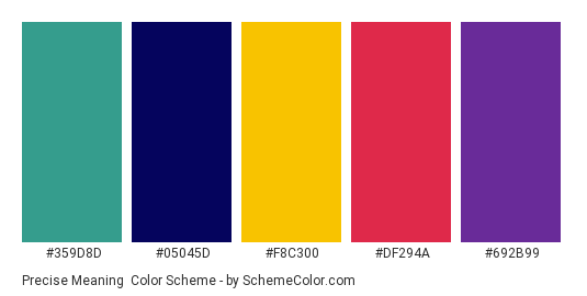 Precise Meaning - Color scheme palette thumbnail - #359D8D #05045D #F8C300 #DF294A #692B99 