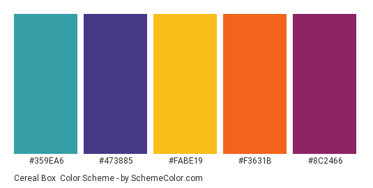 Cereal Box - Color scheme palette thumbnail - #359EA6 #473885 #FABE19 #F3631B #8C2466 