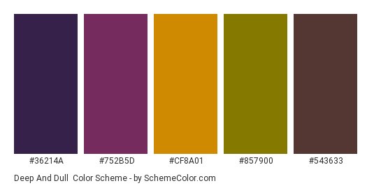 Deep and Dull - Color scheme palette thumbnail - #36214A #752b5d #CF8A01 #857900 #543633 