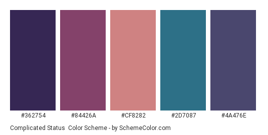 Complicated Status - Color scheme palette thumbnail - #362754 #84426A #CF8282 #2D7087 #4A476E 