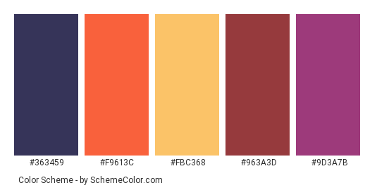 Italy Sunrise - Color scheme palette thumbnail - #363459 #f9613c #fbc368 #963a3d #9d3a7b 