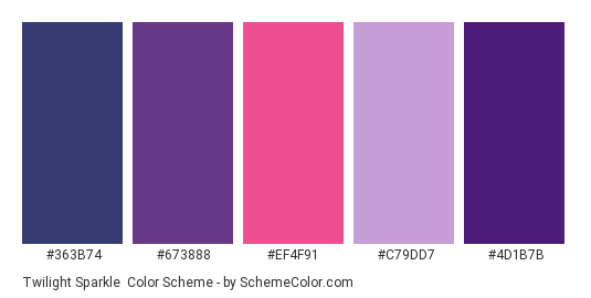 Twilight Sparkle - Color scheme palette thumbnail - #363b74 #673888 #ef4f91 #c79dd7 #4d1b7b 