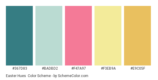 Easter Hues - Color scheme palette thumbnail - #367D83 #BADBD2 #F47A97 #F3EB9A #E9C05F 