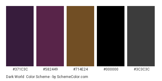 Dark World - Color scheme palette thumbnail - #371C3C #582449 #714E24 #000000 #3C3C3C 