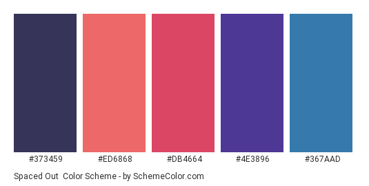 Spaced Out - Color scheme palette thumbnail - #373459 #ED6868 #DB4664 #4E3896 #367AAD 