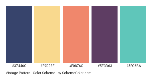 Vintage Pattern #2 - Color scheme palette thumbnail - #37446C #F9D98E #F0876C #5E3D63 #5FC6BA 
