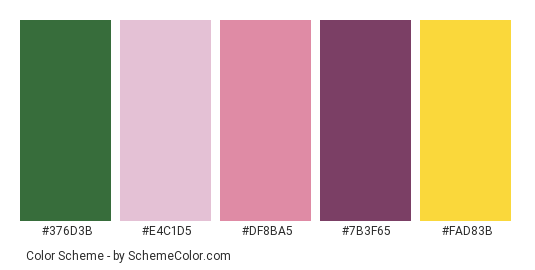 Multi-colored Tulips - Color scheme palette thumbnail - #376d3b #e4c1d5 #df8ba5 #7b3f65 #fad83b 