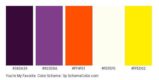 You’re my Favorite - Color scheme palette thumbnail - #380A39 #803D8A #FF4F01 #FEFEF0 #FFED02 