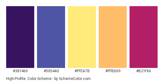 High-Profile - Color scheme palette thumbnail - #381460 #5054A5 #FFEA7B #FFBD69 #B21F66 