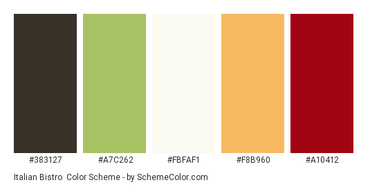 Italian Bistro - Color scheme palette thumbnail - #383127 #a7c262 #fbfaf1 #f8b960 #a10412 