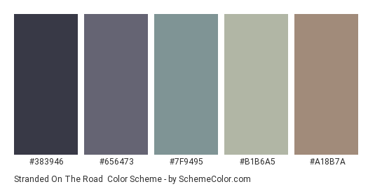 Stranded on the Road - Color scheme palette thumbnail - #383946 #656473 #7F9495 #B1B6A5 #A18B7A 
