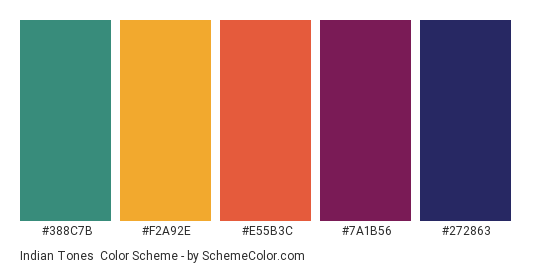 Indian Tones - Color scheme palette thumbnail - #388C7B #F2A92E #E55B3C #7A1B56 #272863 
