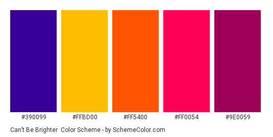 Can’t be Brighter - Color scheme palette thumbnail - #390099 #FFBD00 #FF5400 #FF0054 #9E0059 