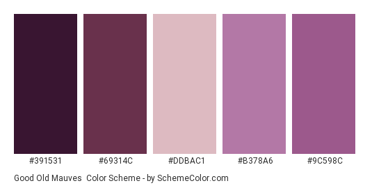 Good Old Mauves - Color scheme palette thumbnail - #391531 #69314c #ddbac1 #b378a6 #9c598c 