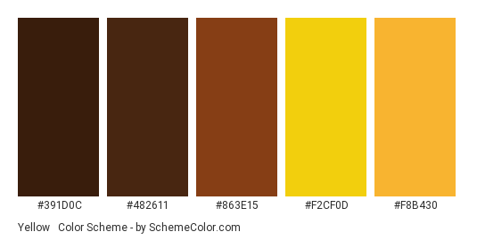 Yellow & Brown - Color scheme palette thumbnail - #391D0C #482611 #863E15 #F2CF0D #F8B430 