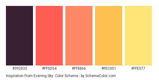 Inspiration from Evening Sky - Color scheme palette thumbnail - #392033 #ff5d54 #ff8866 #fec051 #ffe577 