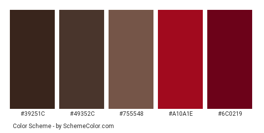 Chocolate Cherries - Color scheme palette thumbnail - #39251c #49352c #755548 #a10a1e #6c0219 