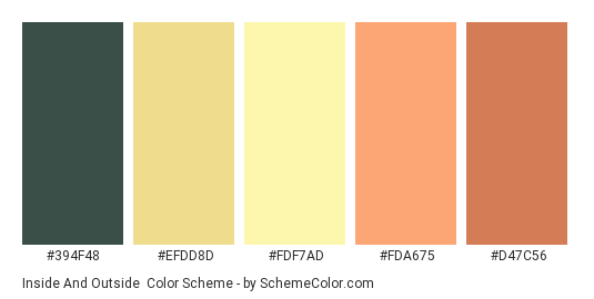 Inside and Outside - Color scheme palette thumbnail - #394F48 #EFDD8D #FDF7AD #FDA675 #D47C56 