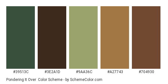 Pondering it Over - Color scheme palette thumbnail - #39513c #3e2a1d #9aa36c #a27743 #704930 