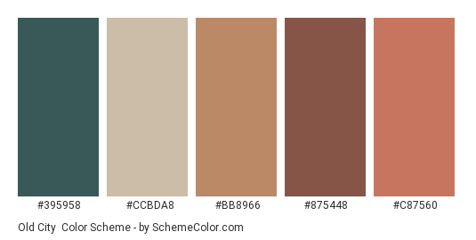Old City - Color scheme palette thumbnail - #395958 #ccbda8 #BB8966 #875448 #C87560 