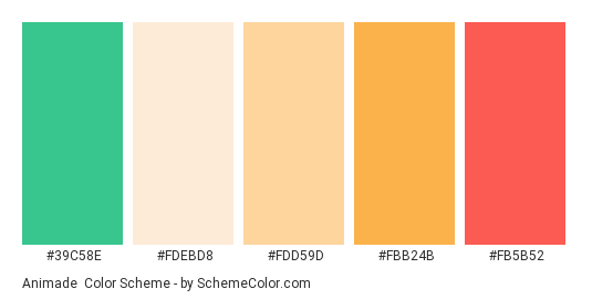 Animade - Color scheme palette thumbnail - #39C58E #FDEBD8 #FDD59D #FBB24B #FB5B52 