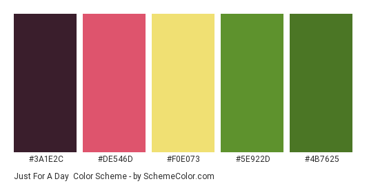 Just for a Day - Color scheme palette thumbnail - #3A1E2C #DE546D #F0E073 #5E922D #4B7625 