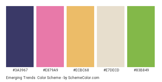 Emerging Trends - Color scheme palette thumbnail - #3A3967 #E879A9 #ECBC68 #E7DECD #83B849 