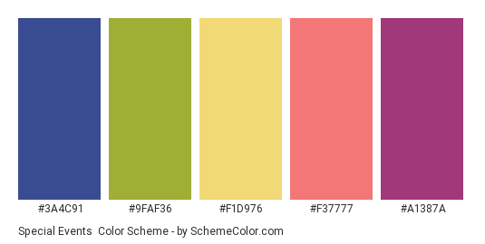 Special Events - Color scheme palette thumbnail - #3A4C91 #9FAF36 #F1D976 #F37777 #A1387A 