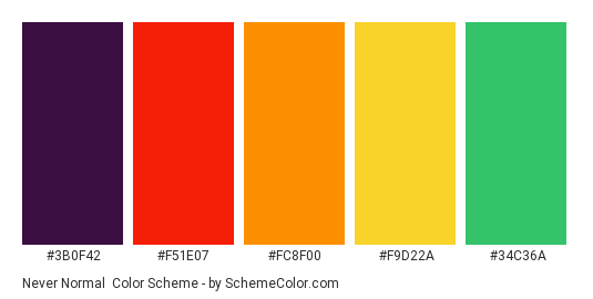 Never Normal - Color scheme palette thumbnail - #3B0F42 #F51E07 #FC8F00 #F9D22A #34C36A 
