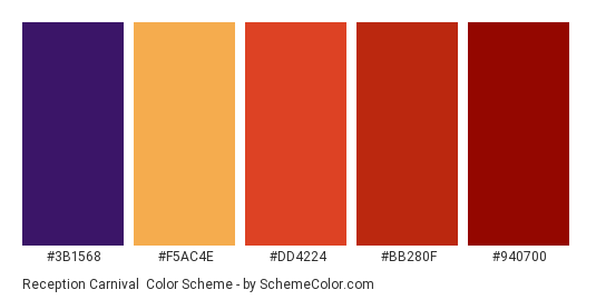 Reception Carnival - Color scheme palette thumbnail - #3B1568 #f5ac4e #dd4224 #bb280f #940700 