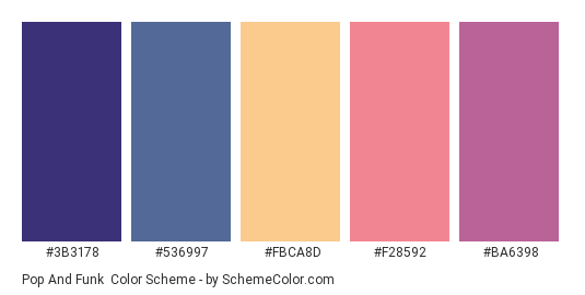 Pop and Funk - Color scheme palette thumbnail - #3B3178 #536997 #FBCA8D #F28592 #BA6398 