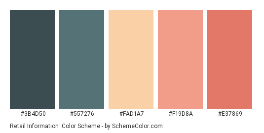 Retail Information - Color scheme palette thumbnail - #3B4D50 #557276 #FAD1A7 #F19D8A #E37869 