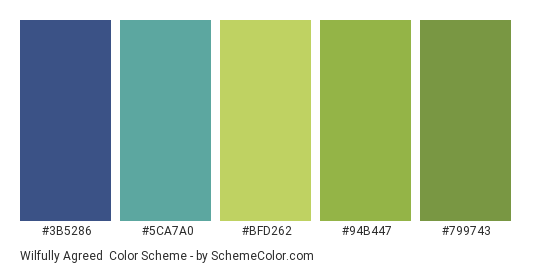 Wilfully Agreed - Color scheme palette thumbnail - #3B5286 #5CA7A0 #BFD262 #94B447 #799743 