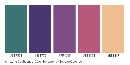 Amazing Confidence - Color scheme palette thumbnail - #3B7573 #493770 #7F4D85 #B8587B #EEBE8F 