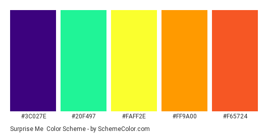Surprise Me - Color scheme palette thumbnail - #3C027E #20F497 #faff2e #FF9A00 #F65724 