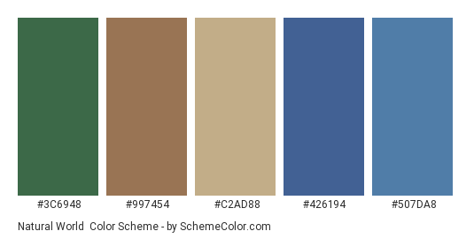 Natural World - Color scheme palette thumbnail - #3C6948 #997454 #C2AD88 #426194 #507DA8 