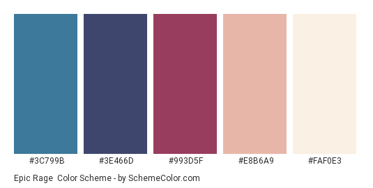 Epic Rage - Color scheme palette thumbnail - #3C799B #3E466D #993D5F #E8B6A9 #FAF0E3 