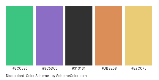 Discordant - Color scheme palette thumbnail - #3CC580 #8C6DC5 #313131 #DB8E58 #E9CC75 