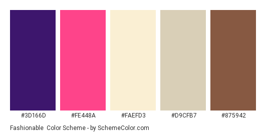 Fashionable - Color scheme palette thumbnail - #3D166D #FE448A #FAEFD3 #D9CFB7 #875942 